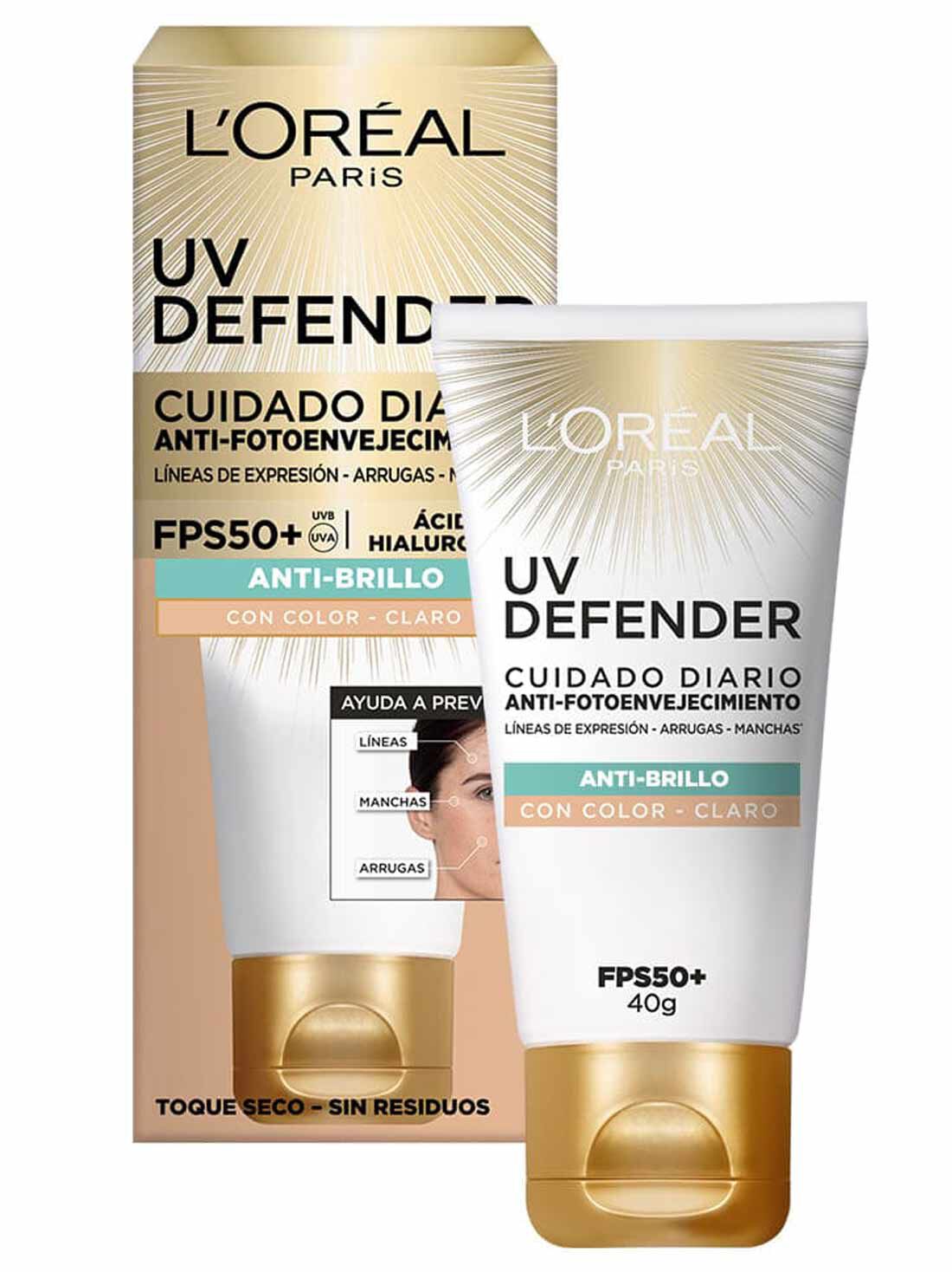 L'Or&eacute;al Paris protector UV defender FPS 50+ anti brillo tono claro  35322
