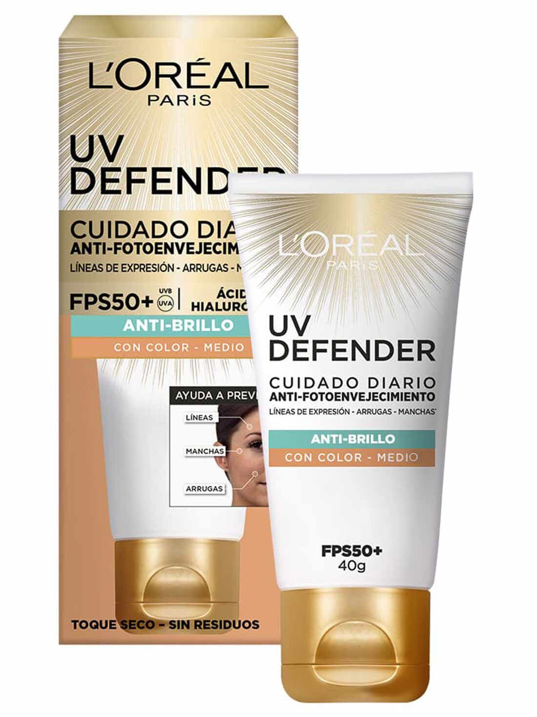 L'Or&eacute;al Paris protector UV defender FPS 50+ anti brillo tono medio  35323